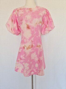 NWT Talulah Dazed Tie-Dye Puff-Sleeve Mini Dress 100% Cotton Pink Beige